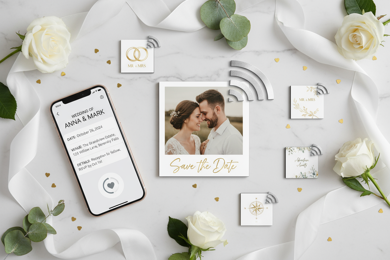 Badges magnétiques NFC mariage Save the Date sans bordures